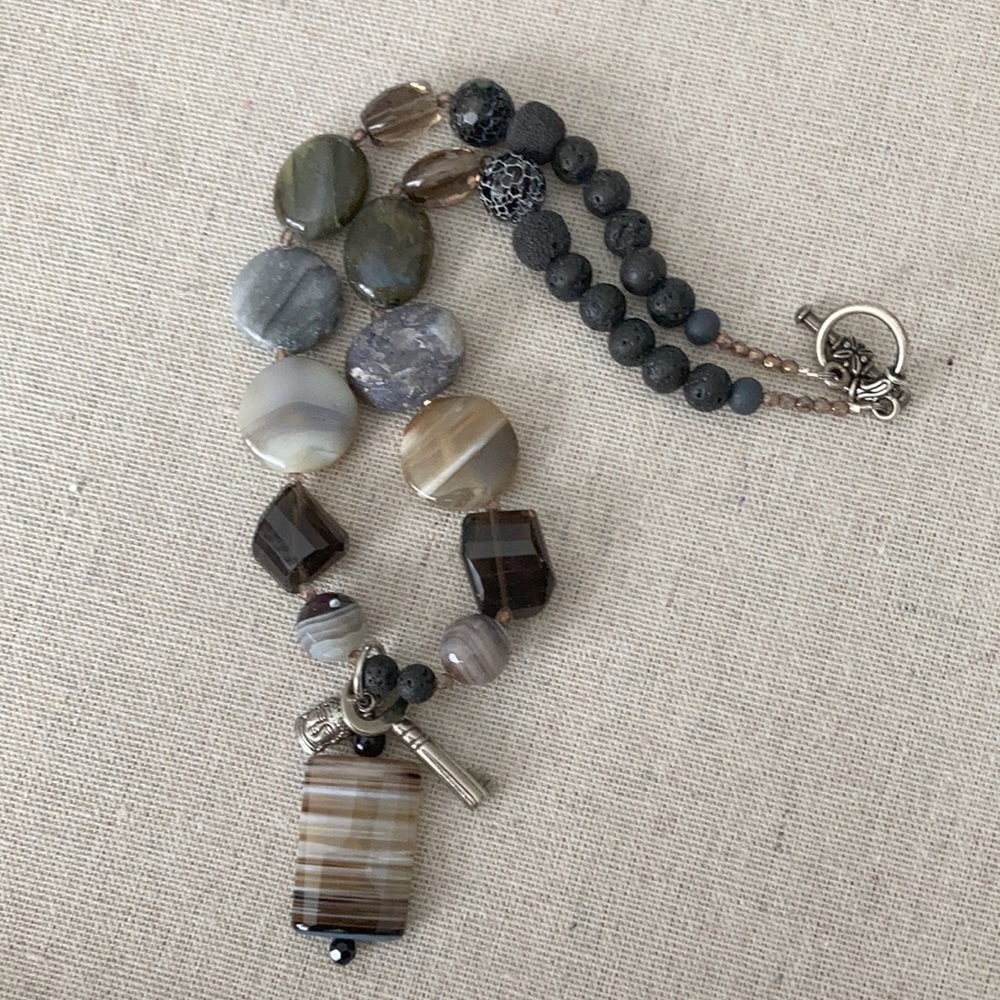 New Multi Semiprecious Stone Necklace w Key & Buddha Charm & Agate Pendant H…